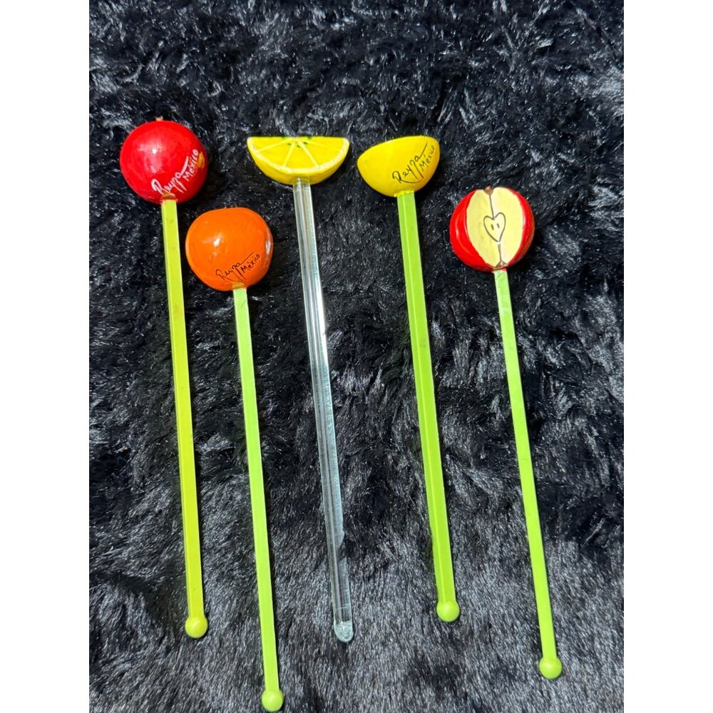 Hand-Painted Reyna Mexico Fruit-Themed Drink Stirrers - Set Of 5 - Retro Barware